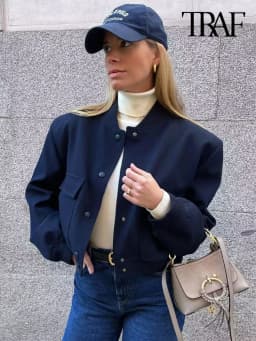 TRZA Women Fashion With Pockets Bomber Jacket Coats Vintage Long Sleeve Front Button Casual Female Outerwear Chic Tops