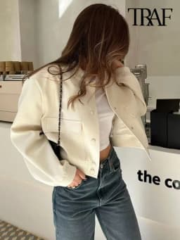 TRZA Women Fashion With Pockets Bomber Jacket Coats Vintage Long Sleeve Front Button Casual Female Outerwear Chic Tops